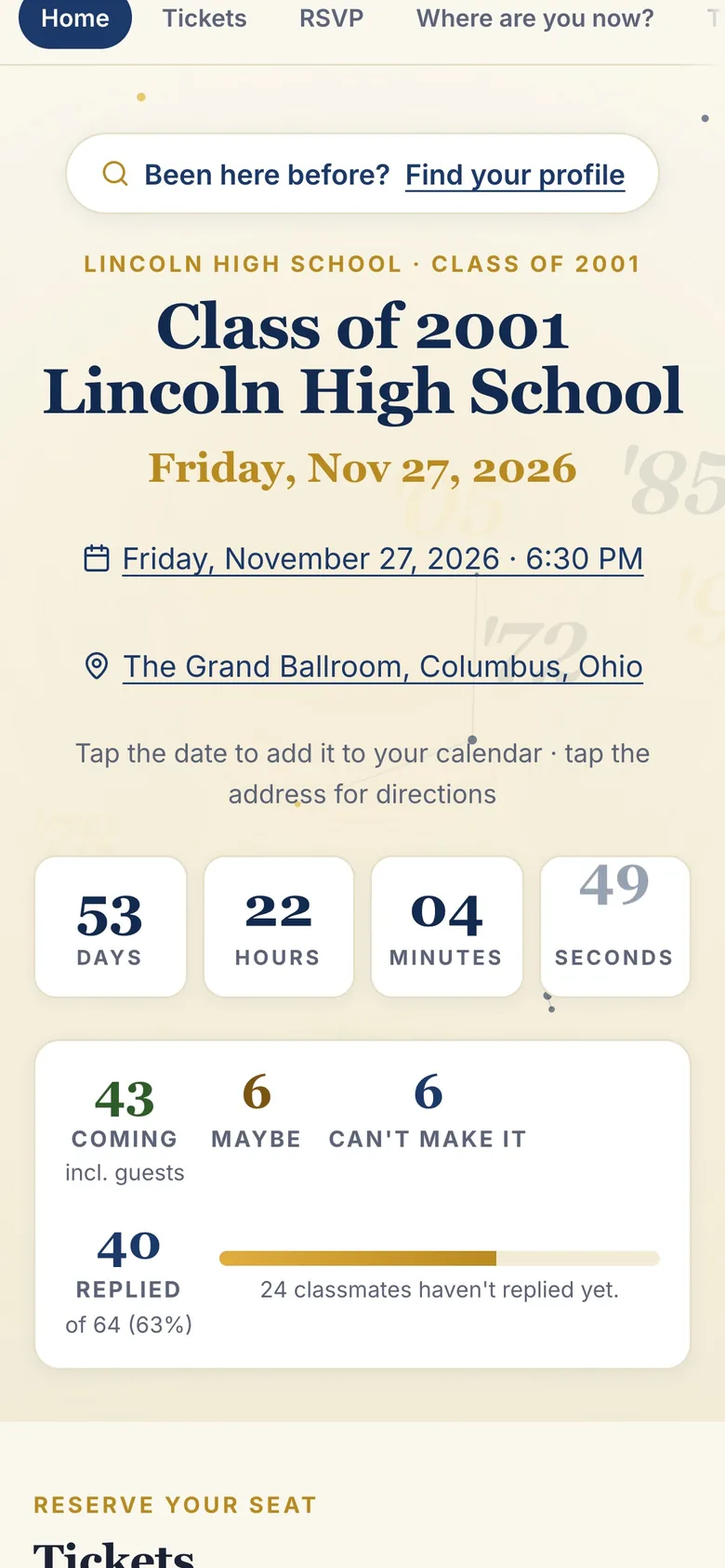 A class reunion page on a phone with countdown, RSVP totals and tickets