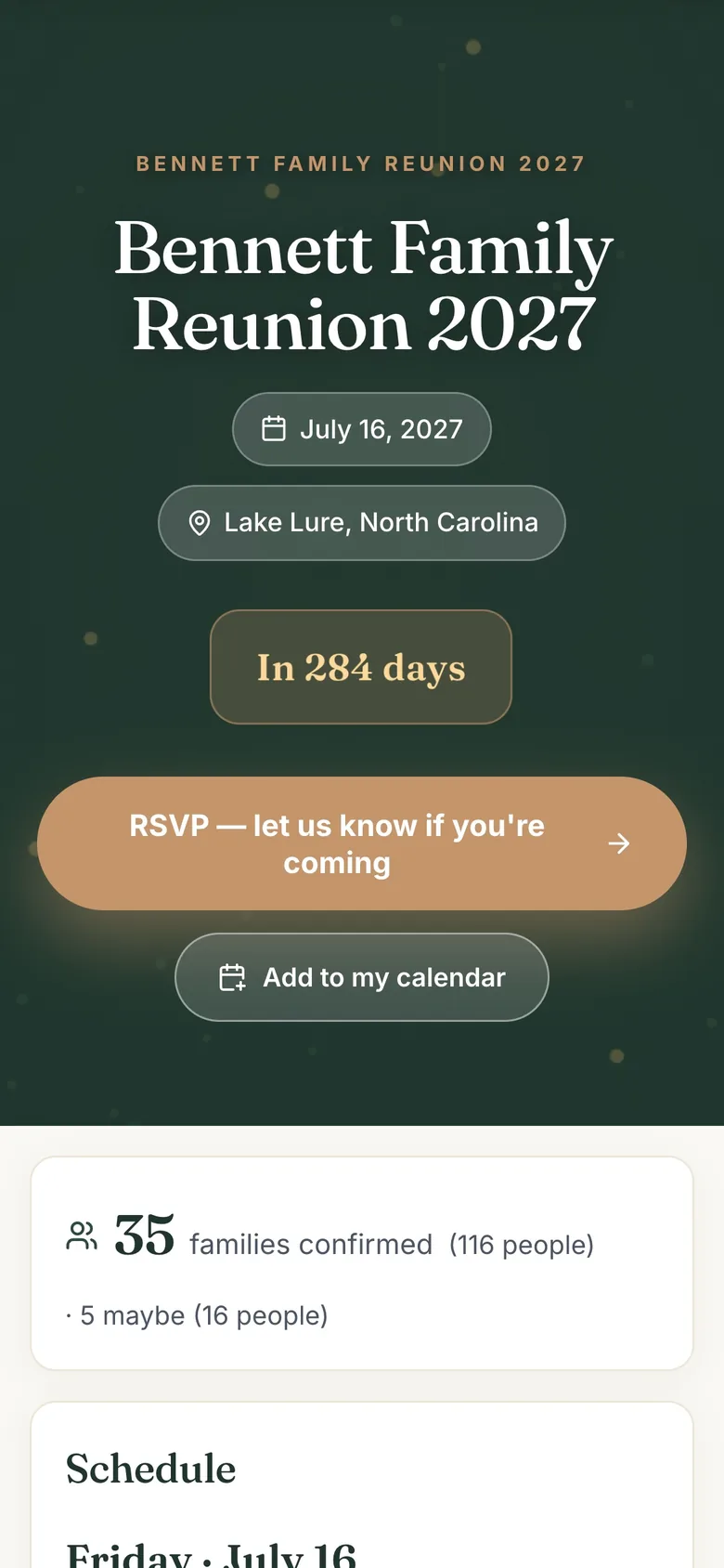 A family reunion hub on a phone with the date, countdown and RSVP button