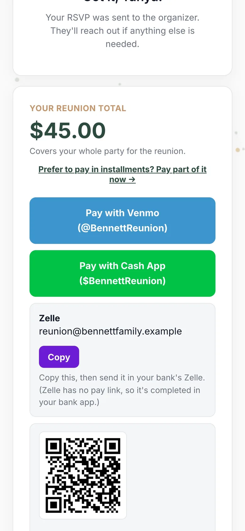 The RSVP confirmation showing the amount due with Venmo, Cash App and Zelle options